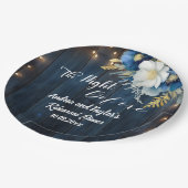 Rustieke blauwe houten witte bloem proefdiner papieren bordje (Gekanteld)