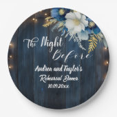 Rustieke blauwe houten witte bloem proefdiner papieren bordje (Voorkant)