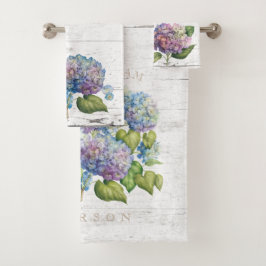 Rustieke Blauwe Hydrangea Blooms Houten Namen Mono Bad Handdoek