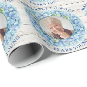 Rustieke Blauwe Hydrangea Foto 80e Verjaardag Cadeaupapier (Rol Hoek)