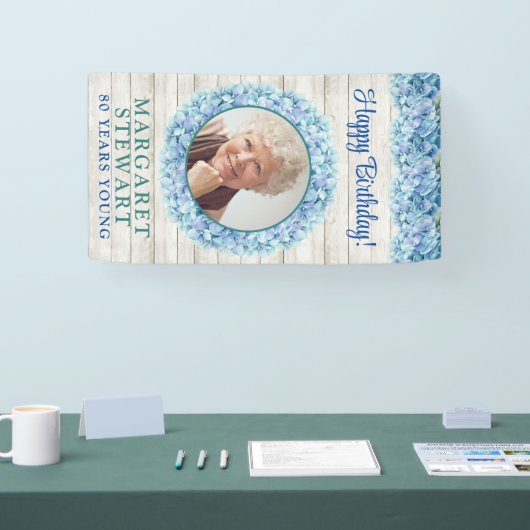 Rustieke Blauwe Hydrangea Foto 80e Verjaardag Spandoek (Beurs)