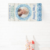 Rustieke Blauwe Hydrangea Foto 80e Verjaardag Spandoek (Insitu)