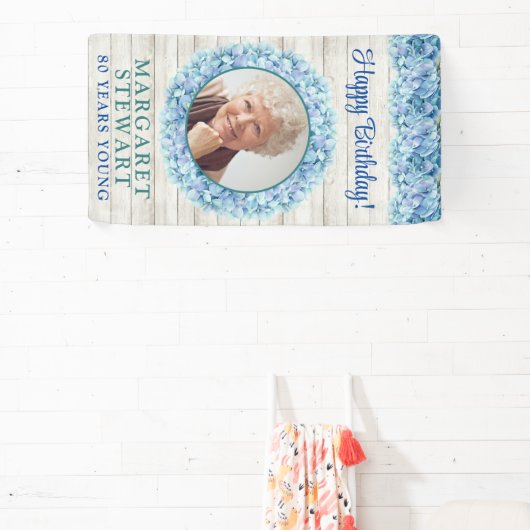 Rustieke Blauwe Hydrangea Foto 80e Verjaardag Spandoek (Insitu)