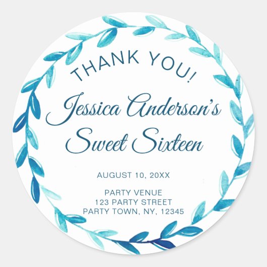 Rustieke Blauwe Krans Lief Zestien Dank u Ronde Sticker (Voorkant)