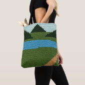 Rustieke Blauwe Lake Hills Groene Artisan Haakprin Tote Bag (Dichtbij)