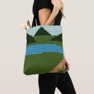 Rustieke Blauwe Lake Hills Groene Artisan Haakprin Tote Bag