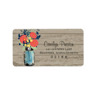 Rustieke Blauwe Mason Jar Koraal Gerber Daisies Etiket