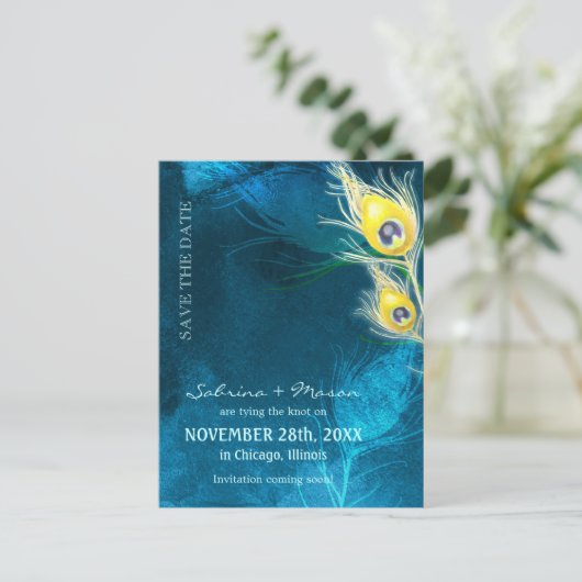Rustieke Blauwe Peacock Bruiloft Save the Date Aankondigingskaart (Staand voorkant)