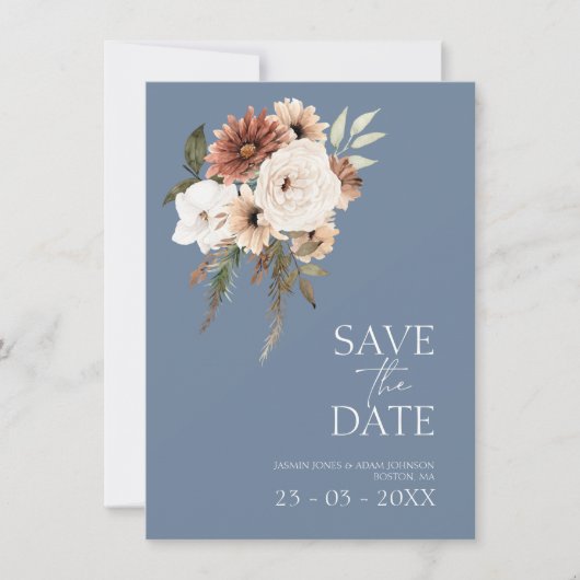 Rustieke Blauwe Perzik Bloemen Bruiloft Save the D (Voorkant)