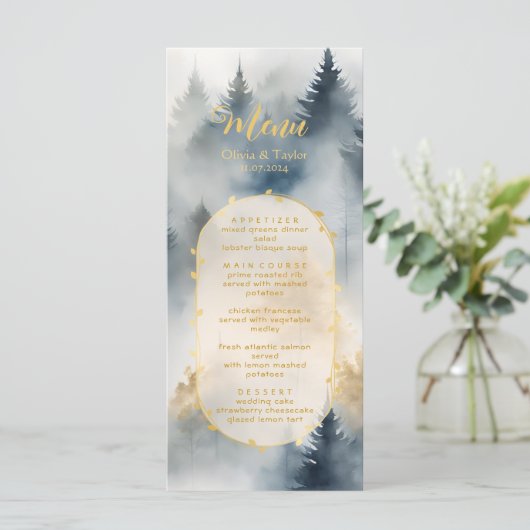 Rustieke Blauwe Pijnbomen Bos Wedding Menu (Staand voorkant)