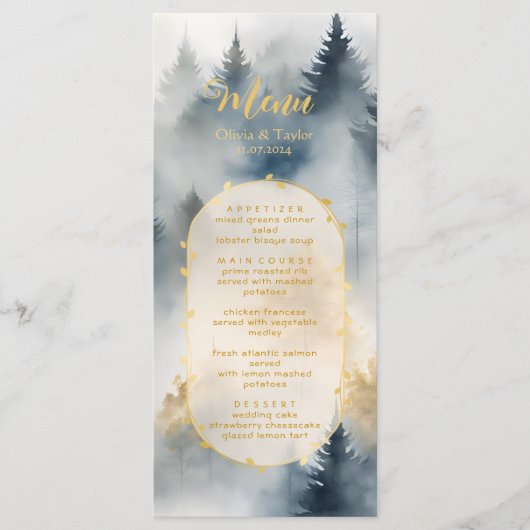 Rustieke Blauwe Pijnbomen Bos Wedding Menu (Voorkant)