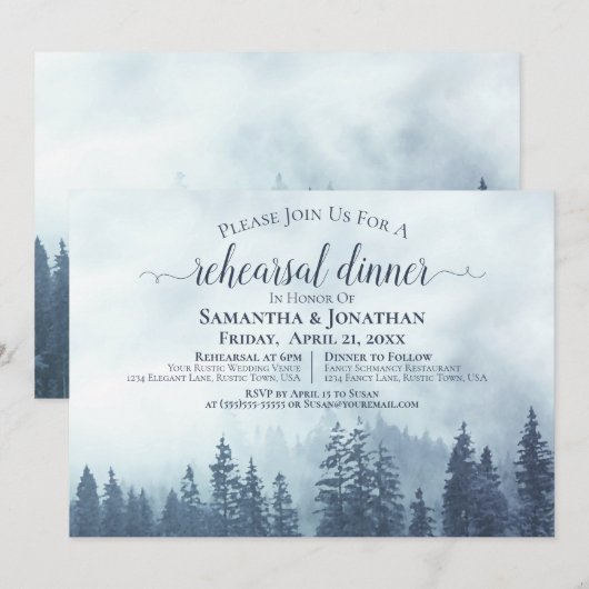 Rustieke Blauwe Pijnbomen Huwelijksrepetitie & din Kaart (Voorkant / Achterkant)
