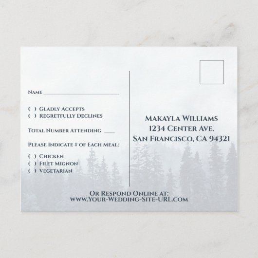 Rustieke Blauwe Pijnbomen Outdoor Bruiloft RSVP Briefkaart (Achterkant)