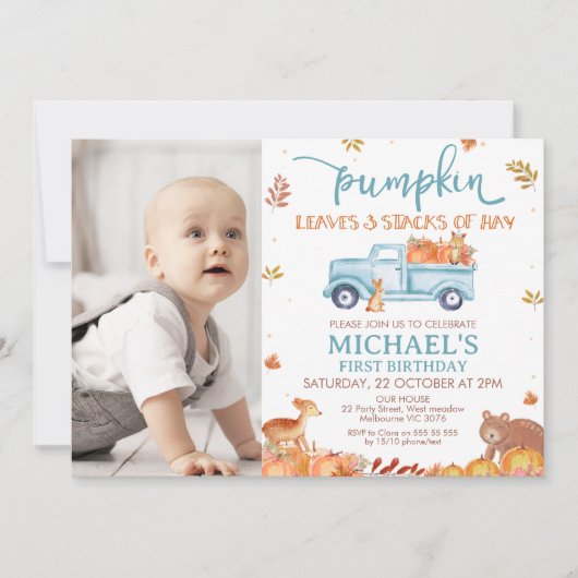 Rustieke Blauwe Pompoen Truck 1e Verjaardag Kaart (Voorkant)