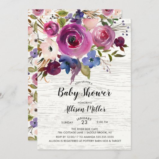 Rustieke Blauwe Pruim Bloemen Baby shower Invitati Kaart (Voorkant / Achterkant)