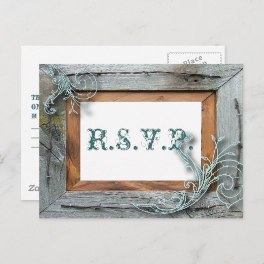 rustieke blauwe schuur hout Land Bruiloft RSVP Uitnodiging Briefkaart (Voorkant / Achterkant)