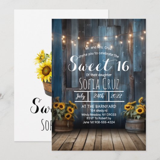 Rustieke Blauwe Schuur Zonnebloem Zoet 16 Uitnodig Kaart (Voorkant / Achterkant)