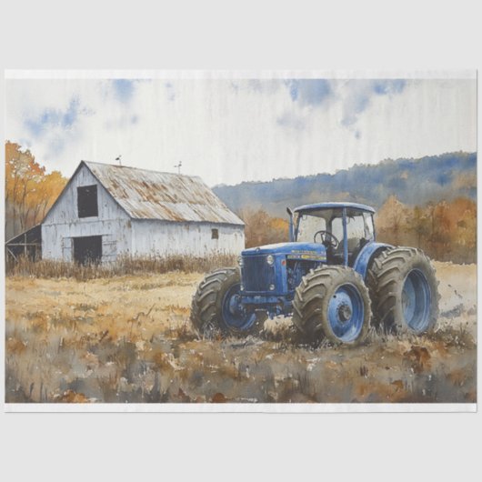 Rustieke blauwe tractor witte schuur aquarel tissuepapier (Voorkant)