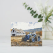 Rustieke Blauwe Tractor Witte Schuur Waterverf Briefkaart (Staand voorkant)