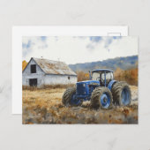 Rustieke Blauwe Tractor Witte Schuur Waterverf Briefkaart (Voorkant / Achterkant)