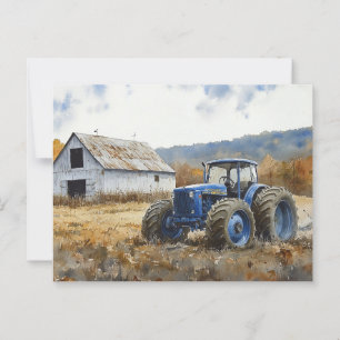 Rustieke Blauwe Tractor Witte Schuur Waterverf Briefkaart