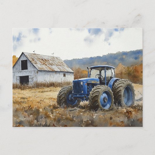 Rustieke Blauwe Tractor Witte Schuur Waterverf Briefkaart (Voorkant)