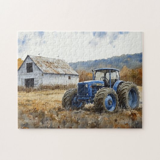 Rustieke Blauwe Tractor Witte Schuur Waterverf Legpuzzel (Horizontaal)