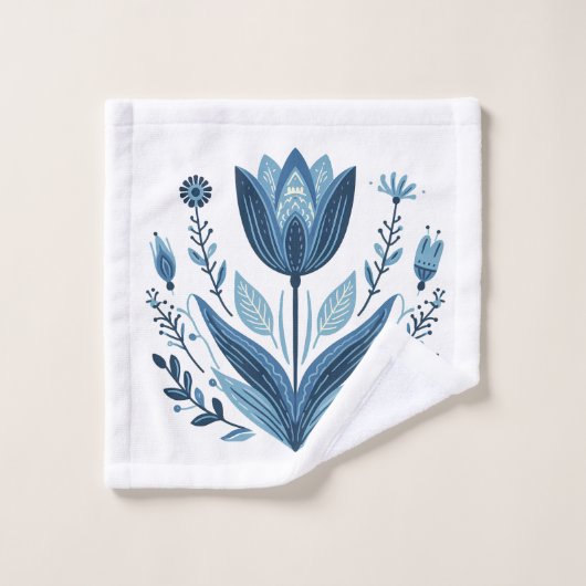 Rustieke Blauwe Tulp Bloem Folk Art Botanisch Ontw Bad Handdoek (Wasdoekje)