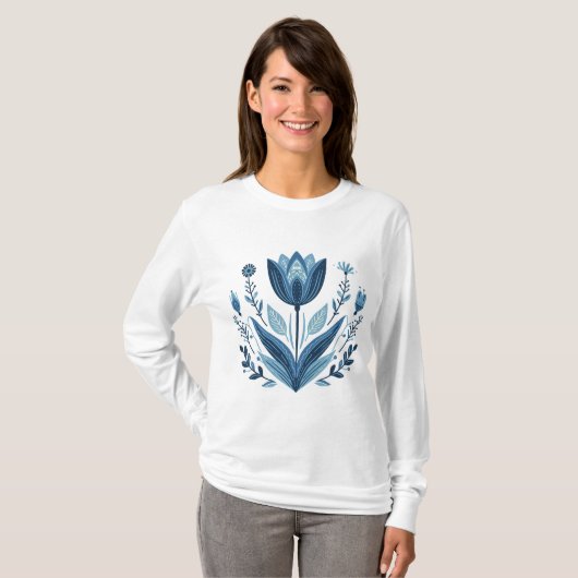 Rustieke Blauwe Tulp Bloem Folk Art Botanisch Ontw T-shirt (Voorkant volledig)