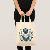Rustieke Blauwe Tulp Bloem Folk Art Botanisch Ontw Tote Bag (Voorkant (product))