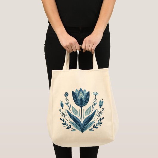 Rustieke Blauwe Tulp Bloem Folk Art Botanisch Ontw Tote Bag (Voorkant (product))