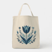Rustieke Blauwe Tulp Bloem Folk Art Botanisch Ontw Tote Bag (Achterkant)