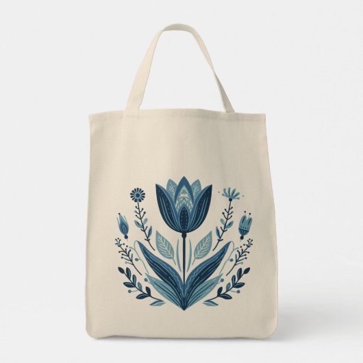 Rustieke Blauwe Tulp Bloem Folk Art Botanisch Ontw Tote Bag (Achterkant)
