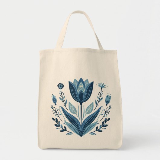 Rustieke Blauwe Tulp Bloem Folk Art Botanisch Ontw Tote Bag (Voorkant)