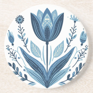 Rustieke Blauwe Tulp Bloem Folk Art Botanisch Ontw Zandsteen Onderzetter