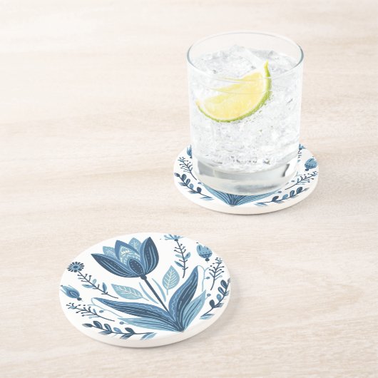 Rustieke Blauwe Tulp Bloem Folk Art Botanisch Ontw Zandsteen Onderzetter (Zijkant)