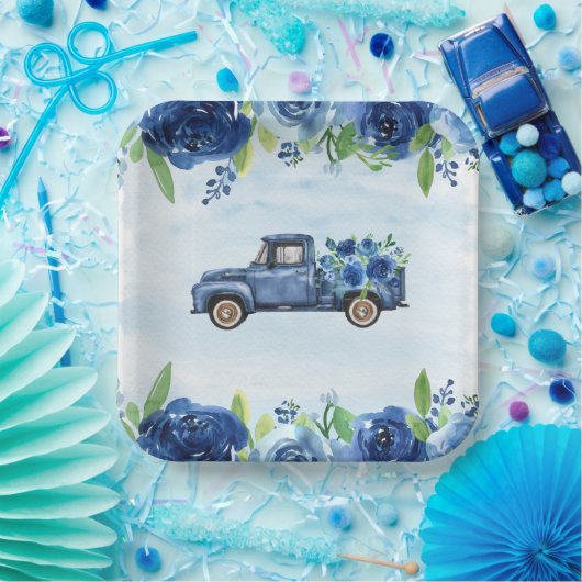 Rustieke Blauwe  Vrachtwagen Baby shower Papier Bo Papieren Bordje (Feest)