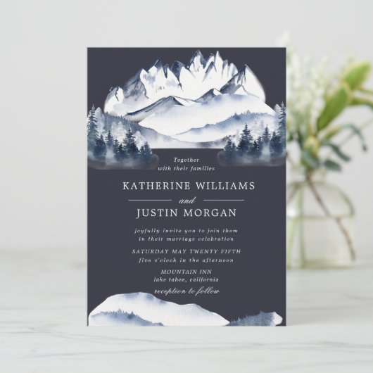 Rustieke Blauwe Waterverf Berg Bruiloft Uitnodigin (Staand voorkant)