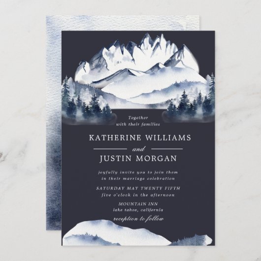 Rustieke Blauwe Waterverf Berg Bruiloft Uitnodigin (Voorkant / Achterkant)