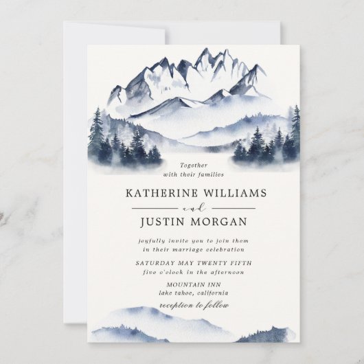 Rustieke Blauwe Waterverf Berg Bruiloft Uitnodigin (Voorkant)