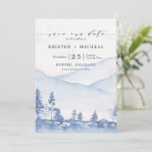 Rustieke Blauwe Waterverf Berg Foto Save The Date (Staand voorkant)