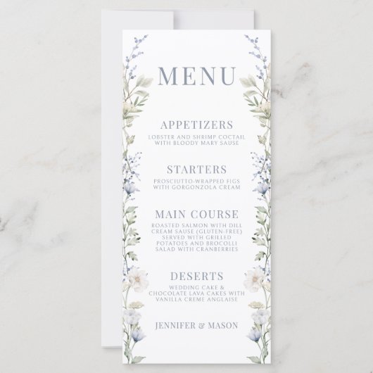 Rustieke blauwe wildflower tuin bruiloft menu kaar (Voorkant)