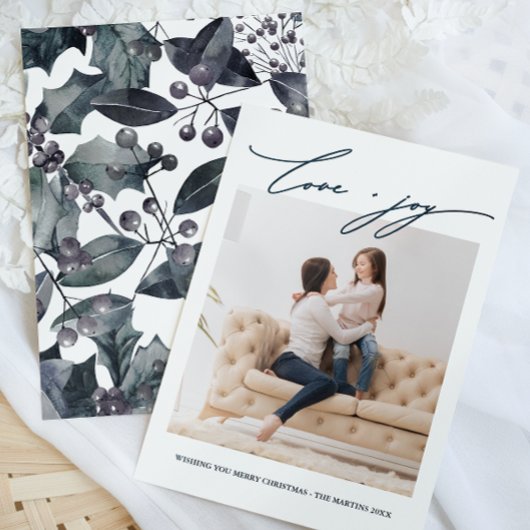 Rustieke Blauwe Winter Botanische met Foto Vakanti Kaart