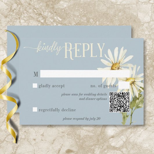 Rustieke Blauwe & Witte Daisies QR Code RSVP Kaartje