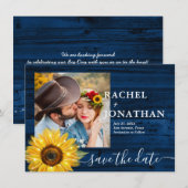 Rustieke Blauwe Zonnebloem Foto Bruiloft Save The  Date (Voorkant / Achterkant)