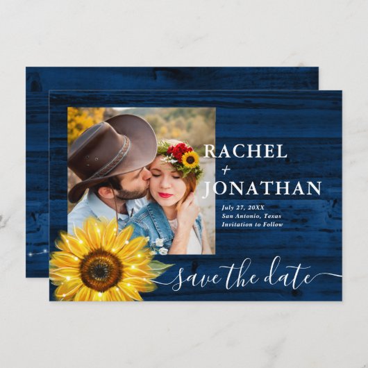 Rustieke Blauwe Zonnebloem Foto Bruiloft Save The  Save The Date (Voorkant / Achterkant)
