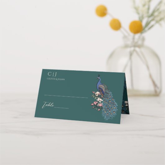 Rustieke Blauwgroen Bloemen Pauw bruiloft Plaatskaartje (Voorkant)