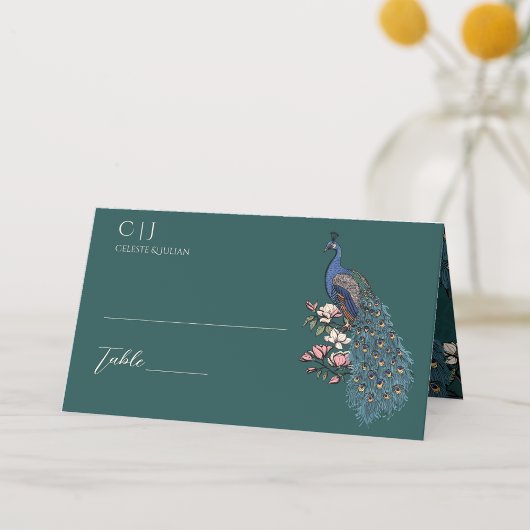 Rustieke Blauwgroen Bloemen Pauw bruiloft Plaatskaartje