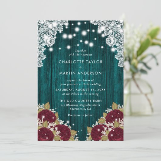 Rustieke Blauwgroen Bourgondische Floral Wedding Kaart (Staand voorkant)