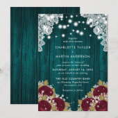 Rustieke Blauwgroen Bourgondische Floral Wedding Kaart (Voorkant / Achterkant)